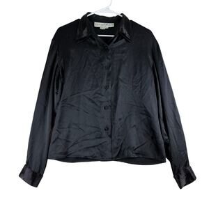 Lillie Rubin Button Up Top Women's 10 100% Silk Black Capsule Beaded Collar Cuff